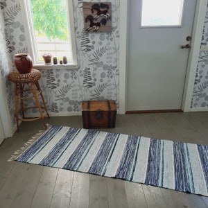 Tapete sueco vintage feito à mão: tapete de algodão azul turquesa (87 x 31,5 polegadas)