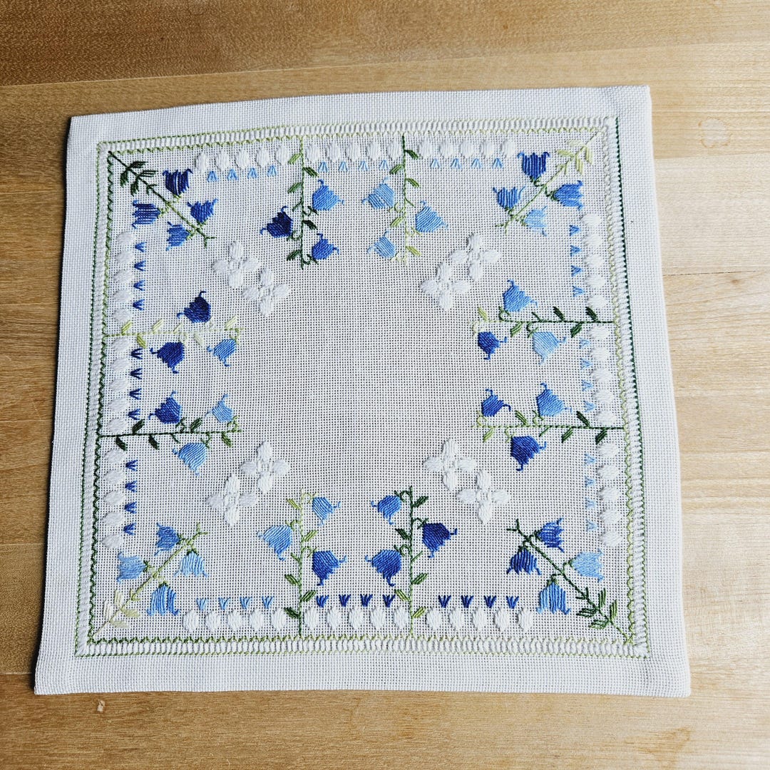 Lovely Floral/blue Bell Cross Stitch Embroidered Tablecloth in Linen