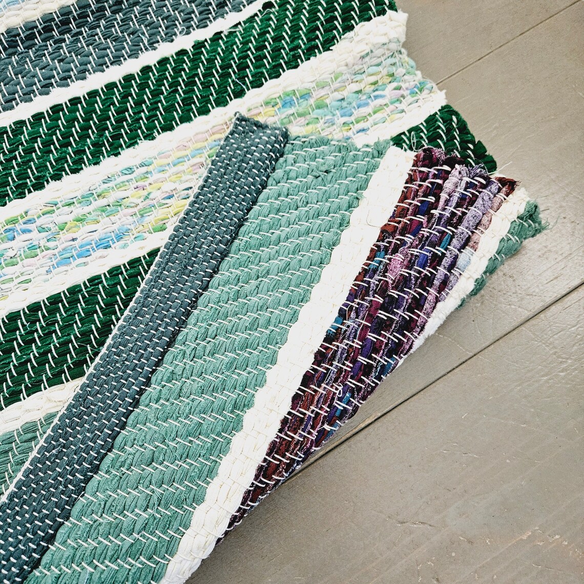 Vintage Swedish Handwoven Rag Rug: Green, Blue, & White (82.5x28 Inch ...