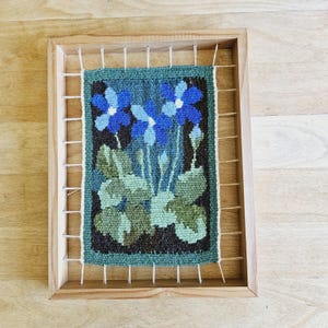 Beautiful blue floral/hepatica 1960  8 3/4&quot; x 6 3/4&quot; /woven handmade / flemish wall tapestry / flemish wall hanging / wall decor from Sweden