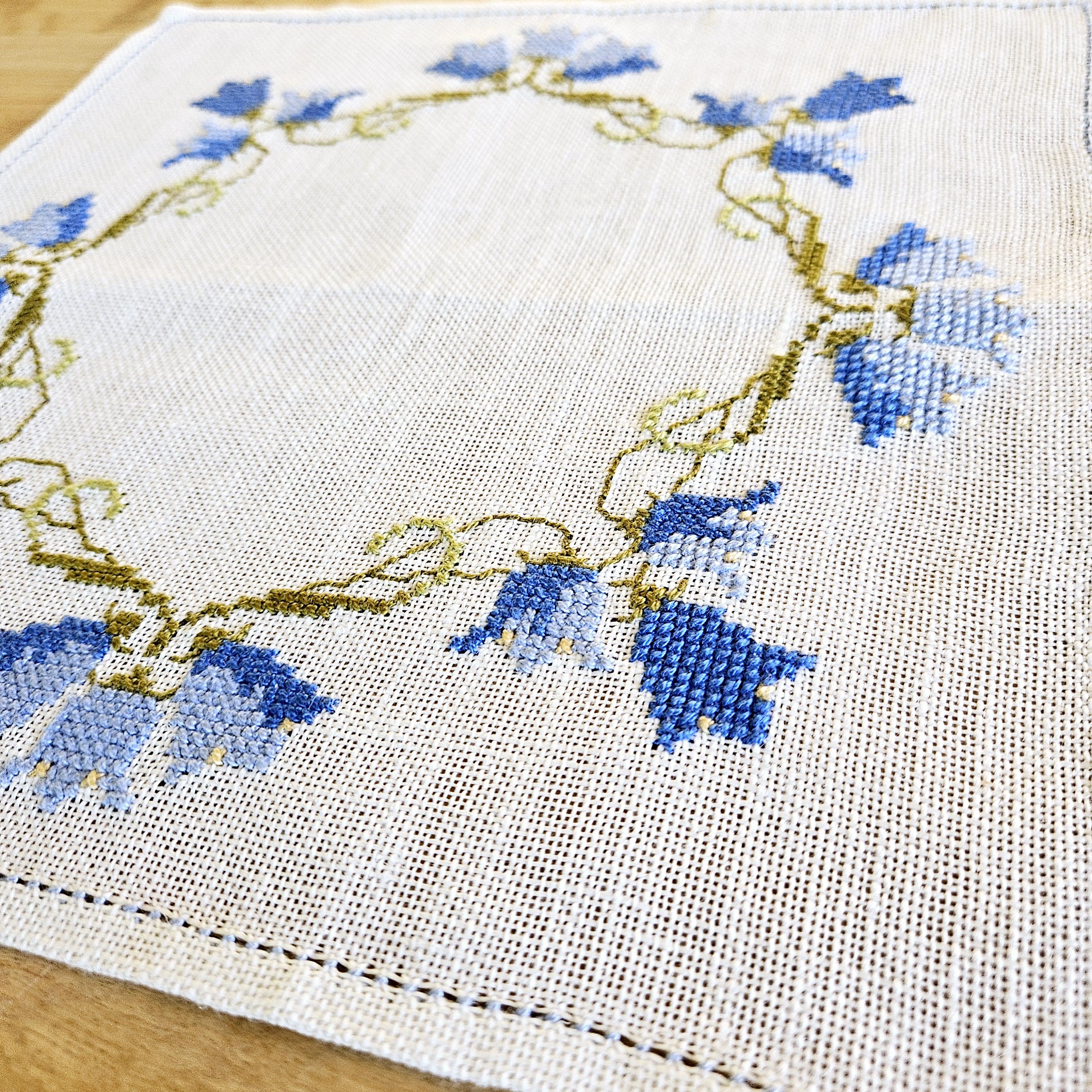 Linen Tablecloth: Vintage Swedish Cross Stitch Bluebell Embroidery