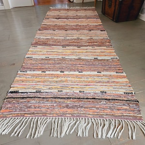 Tapete vintage feito à mão: tapete sueco, laranja, roxo e branco-sujo (85 x 32,5 polegadas)