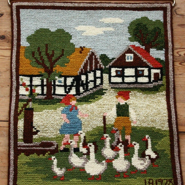 Lovely twist stitch wool embroidered folk wall hanging/tapestry from Sweden