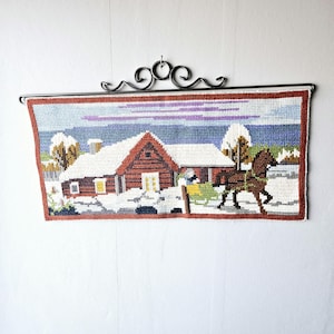 Lovely twist stitch / 8 1/4&quot; x 17 1/2&quot; /needlepoint / wool /  embroidered horse and sleigh wall hanging/tapestry/wall decor from Sweden