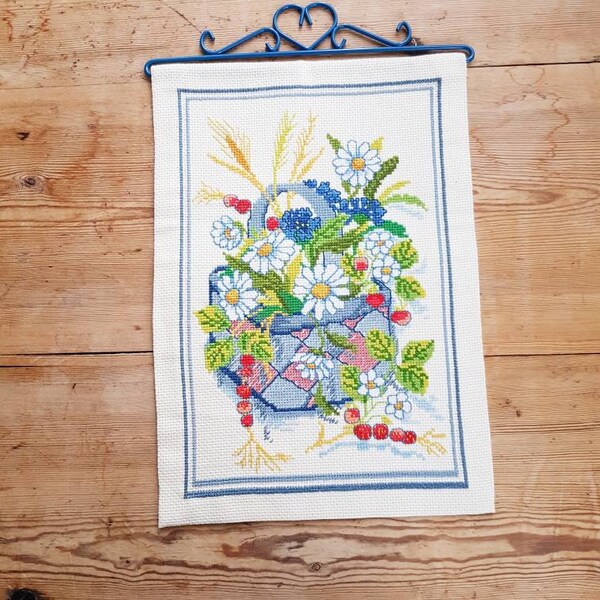 Lovely cross stitch floral embroidered wall hanging / wall decor in cotton from Sweden