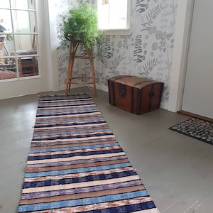Tapete sueco vintage feito à mão: tapete listrado de 93 x 24 polegadas