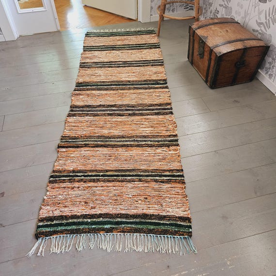 Vintage Swedish Handwoven Rag Rug: 80x27 Beige Brown Green Carpet