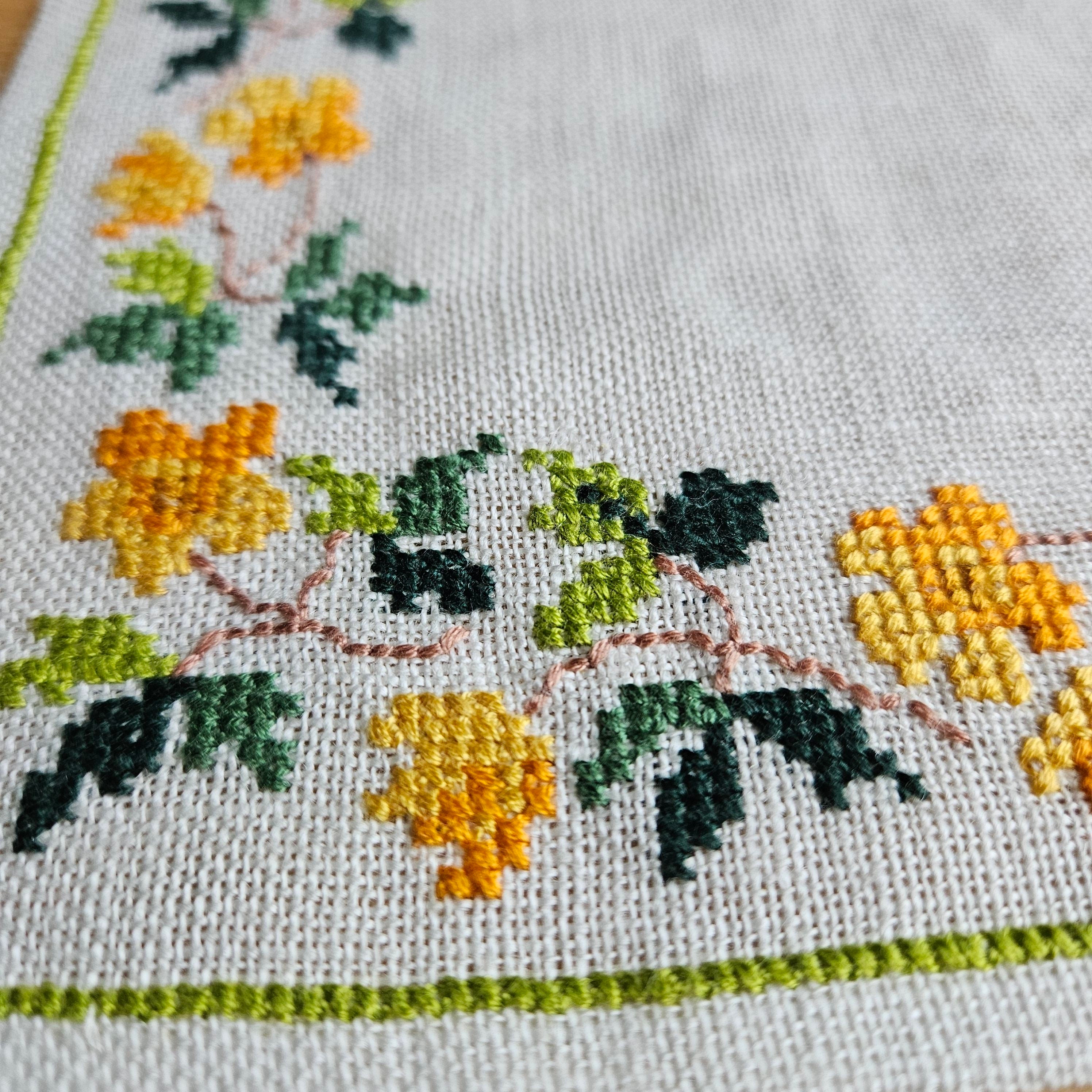 From Sweden＊Vintage linen Cloth・* Cross Stitch Linen Tablecloth: Yellow Floral Embroidery