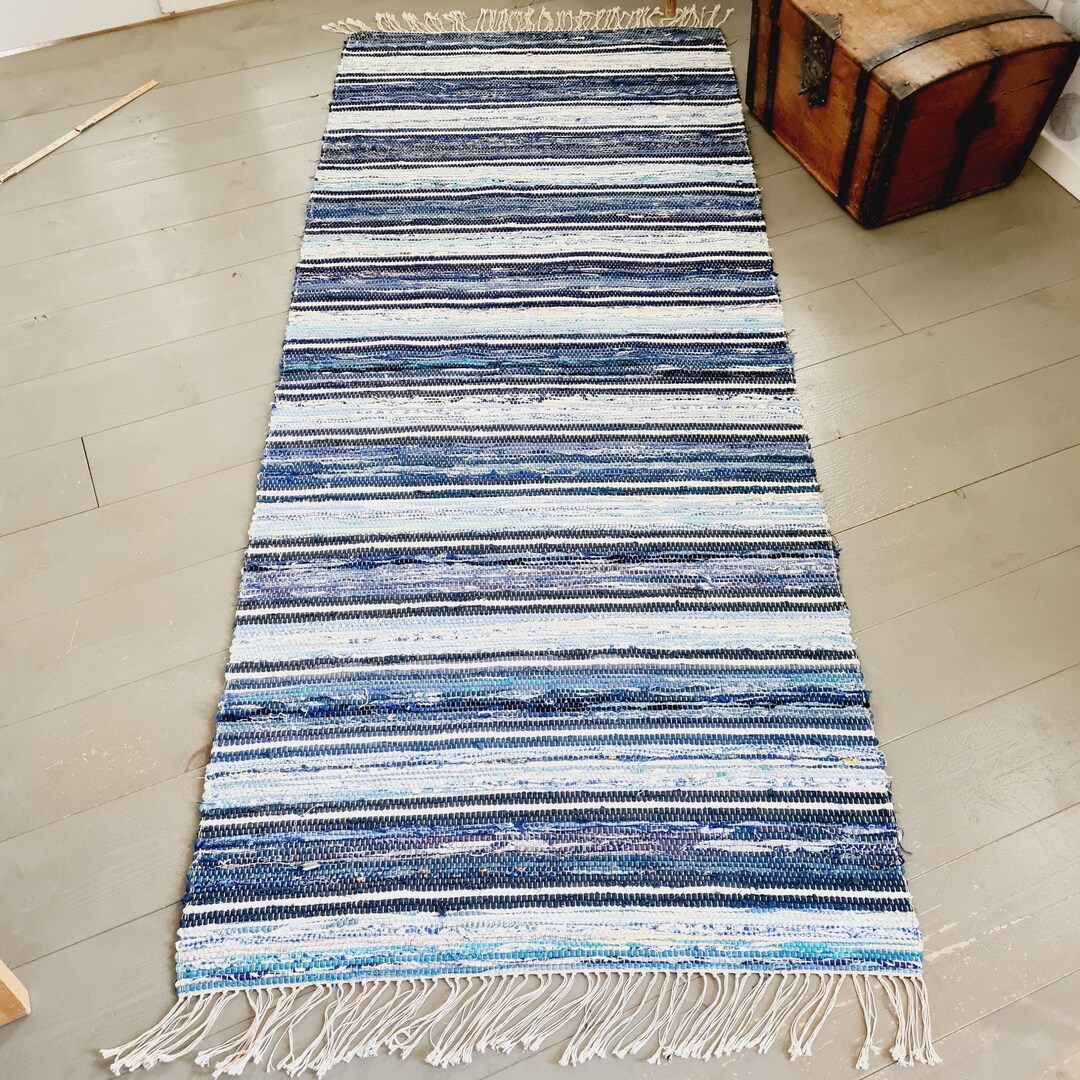 Kitchen Rag Rug Blue Vintage Swedish Rag Rug: Blue, Turquoise & White Handwoven Carpet ...
