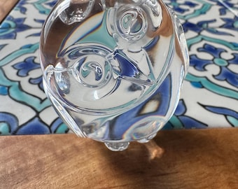 Steuben Crystal owl figurine /  hand cooler / paperweight / glass art / signed