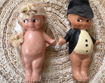 Antique vintage  Celluloid Kewpie Bride & Groom Dolls Cake Toppers Set of 2