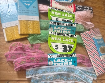 Vintage stretch lace and trim lot of 12 hem lace bias trim seam bidding