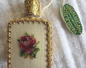 Vintage Viennese gold filagree miniature perfume bottle with floral Petit Point