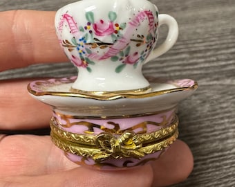 Limoges Porcelain floral Teacup & Saucer mini hinges trinket box