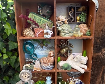 Vintage wooden drawer miniatures trinket shelf art nautical ocean themed