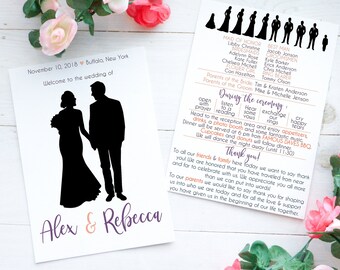 Silhouette Funny Wedding Program template, wedding party clipart, custom wedding program, Bride & Groom silhouette, wedding fan, corjl