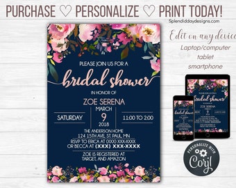 EDITABLE Navy & blush Bridal shower invitation | spring bridal shower | floral bridal shower | Wedding shower | blush wedding | Templett