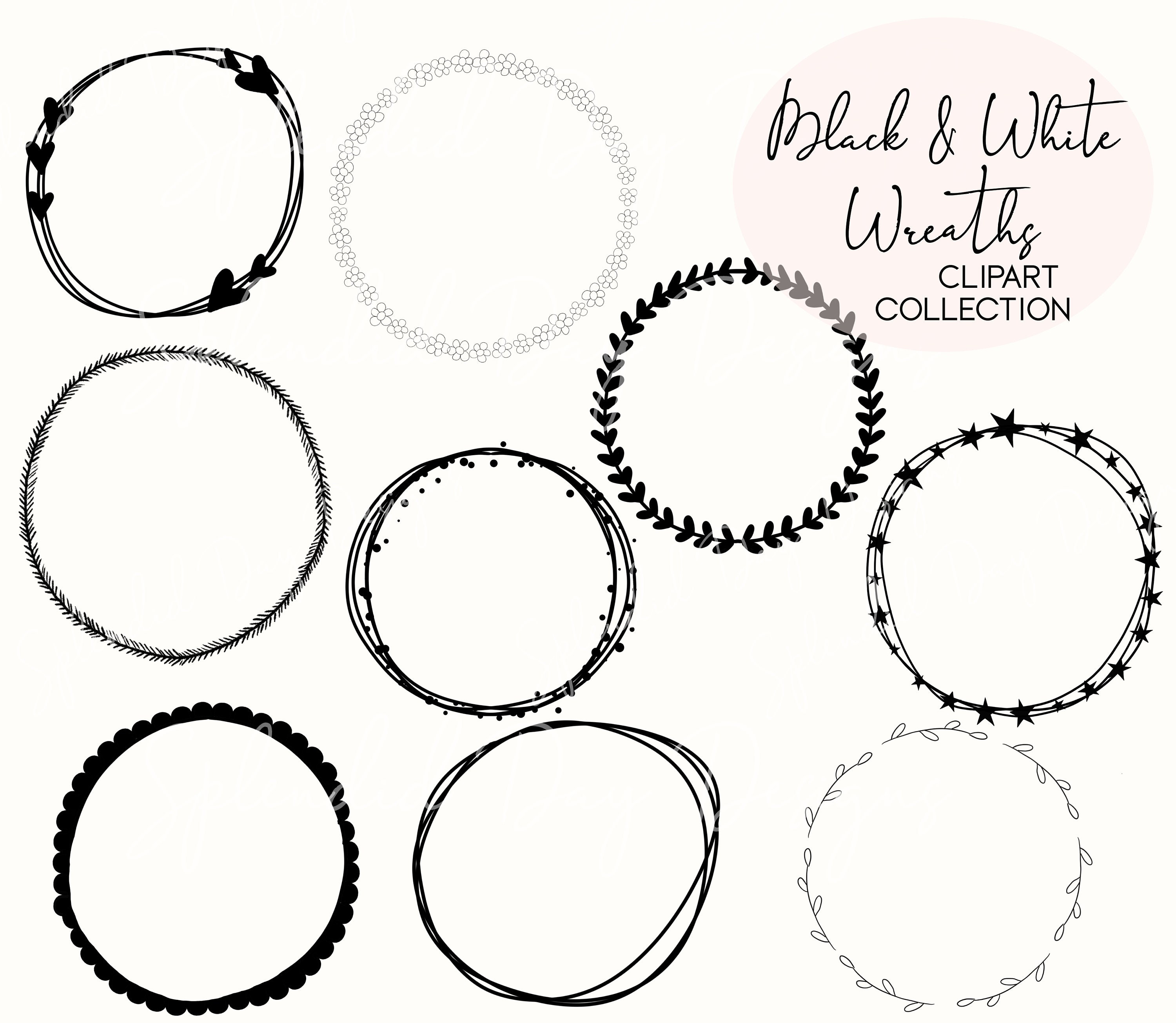 Black and White Wreath Clip Art Wreath Clip Art Wedding Clip | Etsy