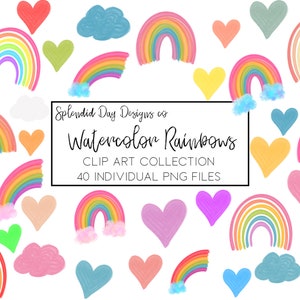 aquarelle rainbow clip art, aquarelle arc-en-ciel, aquarelle clipart, coeur, nuage, douche de bébé, fête d’anniversaire, pince, arc-en-ciel, utilisation commerciale