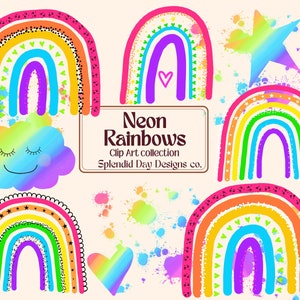 clipart de arco-íris de néon, clipart em aquarela, arco-íris em aquarela, coração, nuvem, chá de bebê, festa de aniversário, png, rosa, amarelo, azul
