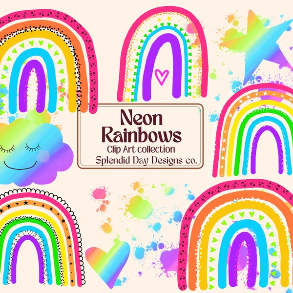 neon rainbow clip art, watercolor clip art, watercolor rainbow, heart, cloud, baby shower, birthday party, png, pink, yellow,blue