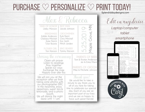 Wedding Program Template Diy Wedding Program Minimalist Etsy