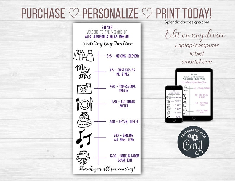 Wedding Day Timeline Simple Wedding Program Wedding Etsy