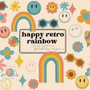 Happy retro rainbow clip art, groovy rainbow, 70s clip art, happy face, flower clip art, flower sunglasses, hippie, boho, commercial use