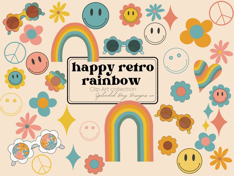 Happy retro rainbow clip art, groovy rainbow, 70s clip art, happy face, flower clip art, flower sunglasses, hippie, boho, commercial use image 1