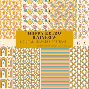 Happy retro rainbow seamless patterns, surface patterns, groovy rainbow, happy face, flower, flower sunglasses, hippie, boho, commercial use image 1