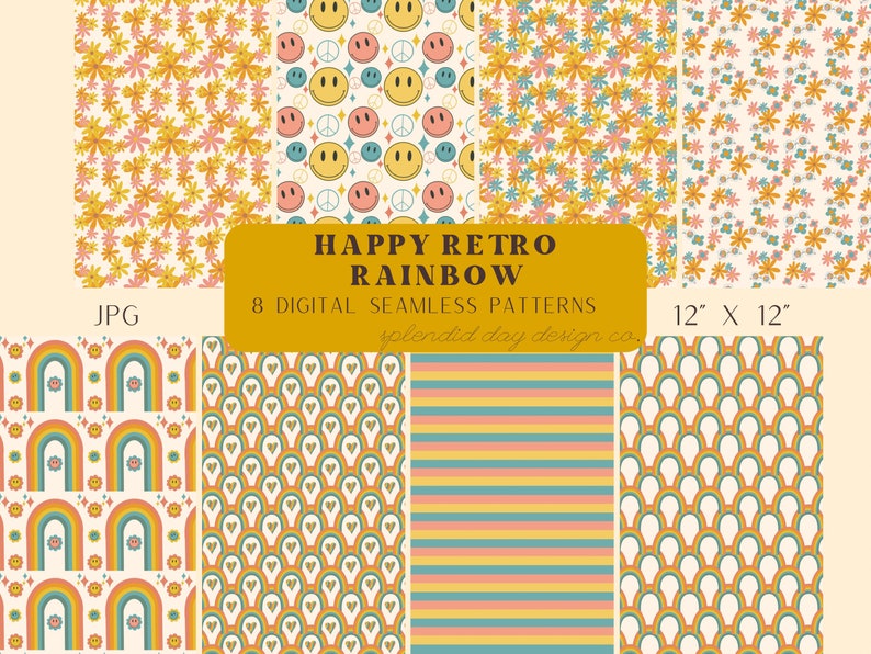 Happy retro rainbow seamless patterns, surface patterns, groovy rainbow, happy face, flower, flower sunglasses, hippie, boho, commercial use image 1