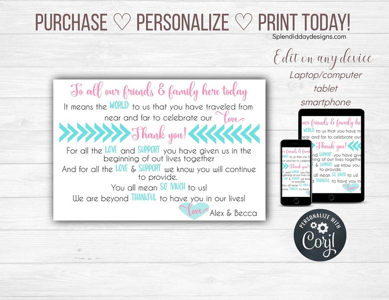 Wedding Thank You Card Printable Wedding Thank You DIY | Etsy