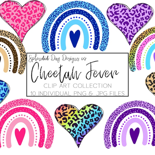 Cheetah print clip art, animal print, jungle rainbow, cheetah heart, cheetah print, heart clipart, rainbow clipart, png, commercial use