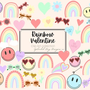Rainbow valentine clipart, Valentine’s Day clip art, groovy clip art, retro clipart, boho clipart, smile faces, heart, rainbow, png