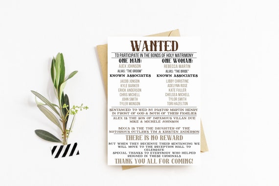 funny wedding program Western wedding program wanted poster wanted dead or alive corjl country wedding program barn wedding