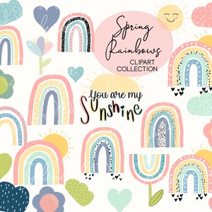 Clipart de arco-íris de primavera, flores de primavera, arco-íris de primavera, coração, sol, chá de bebê, festa de aniversário, png, hortelã, rosa, nuvem de chuva, uso comercial
