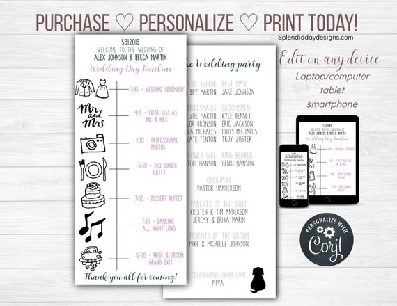 Wedding Program Timeline Simple Wedding Program Wedding Etsy