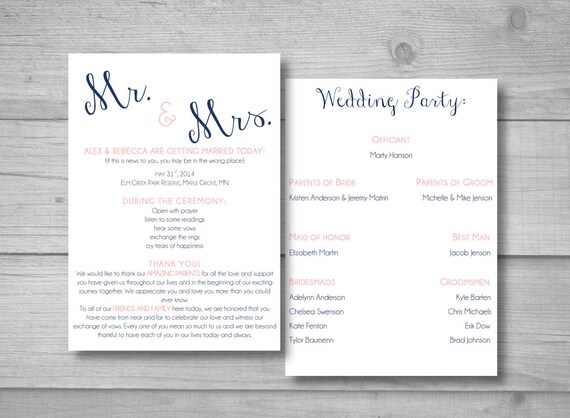 mr and mrs wedding program simple wedding program diy etsy