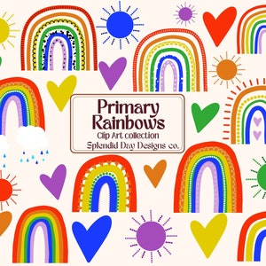 Imágenes prediseñadas de arco iris de color primario, arte en el aula, corazón, sol, baby shower, fiesta de cumpleaños, png, arte de regreso a la escuela, sol, uso comercial