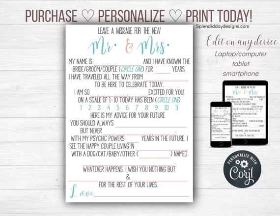 Wedding Mad Libs Wedding Reception Activities Funny Etsy