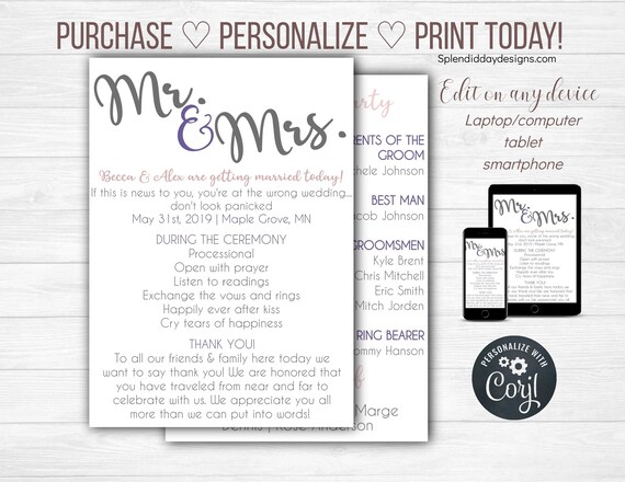 Mr And Mrs Wedding Program Simple Wedding Program Diy Etsy