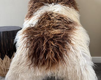 XL Large Luxurious Genuine Icelandic Sheepskin Rug Sheep Long Curly Fur In Natural Champagne/Off White/Ivory and Honey Brown Color