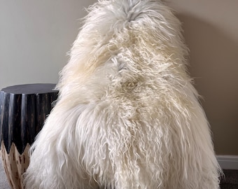 XL Large Luxurious Genuine Icelandic Sheepskin Rug Sheep Slightly Curly Fur In Ivory/Cream/Black Color