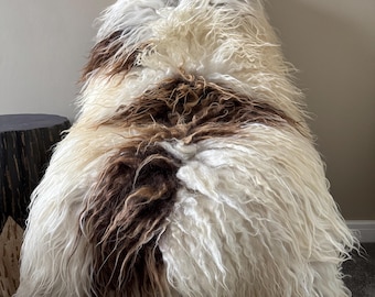 XL Large Luxurious Genuine Icelandic Sheepskin Rug Sheep Long Curly Fur In Natural Champagne/Off White/Ivory and Honey Brown Color