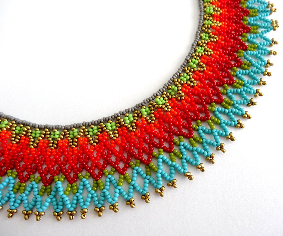 Peyote Beaded Mexican Orange Red and Turquoise color Necklace | Etsy