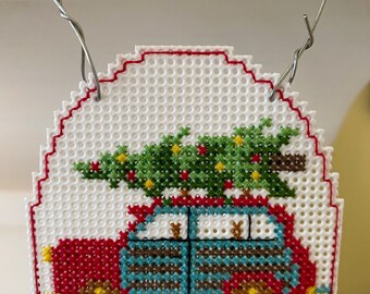 New Vintage Car Piled High with a Christmas Tree Cross Stitch Ornament