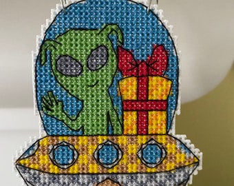 New Alien in Spaceship Christmas Cross Stitch Ornament