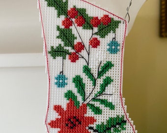 New Holiday Poinsettia Stocking Christmas Cross Stitch Ornament