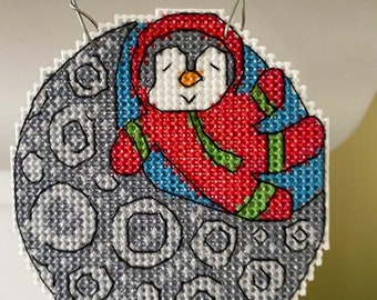 New Penguin Floating in Space Christmas Cross Stitch Ornament