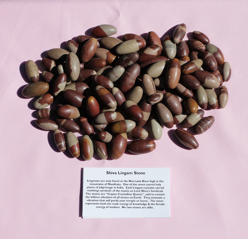 Puede incluir: Una colecci&oacute;n de piedras lisas de Shiva Lingam de forma ovalada, cada una con patrones &uacute;nicos de rayas marrones, rojas y blancas. Las piedras est&aacute;n dispuestas en una pila sobre una superficie rosa. Una peque&ntilde;a tarjeta con el texto "Shiva Lingam Stone" se coloca delante de las piedras.